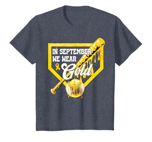 in September We Wear Gold Baseball Drip Boy Childhood Cancer T-Shirt, Youth, Heather Blue, X-Small