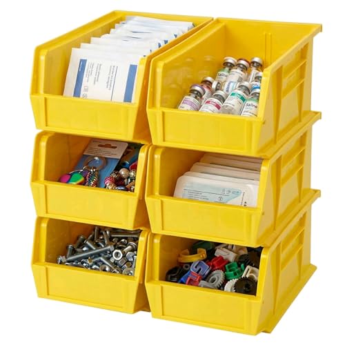 Quantum Storage QUS240 Heavy-Duty Stackable Plastic Storage Bins for Workshop, Warehouse & Garage, Ultra Stack & Hang, 14-3/4" x 8-1/4" x 7", Yellow, 12-Pack