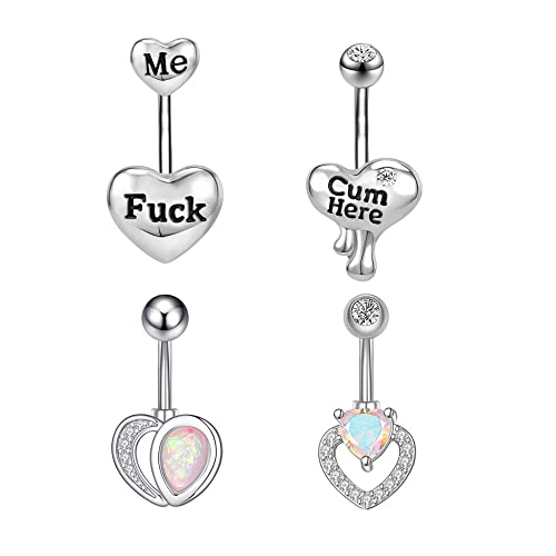 4Pcs Belly Button Rings Surgical Steel Hearts Cz Fuck Me Cum Here Navel Rings Body Piercing Jewelry For Women (Style B-Hearts) #TOP16