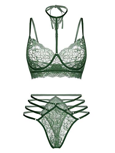 GEESENSS Sexy Lingerie for Women Sexy Lingerie Set Strap Babydoll 2 Piece Sexy Bra and Panty Sets Dark Green S