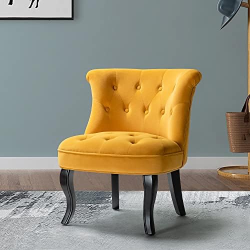 TINA'S HOME Modern Velvet Armless Accent Chairs,Upholstered Fabric Button Single Sofa Chair with Wooden Legs for Living Room,Comfy Tufted Bedroom Chairs for Reading,Dining,Office Reception(Mustard)
