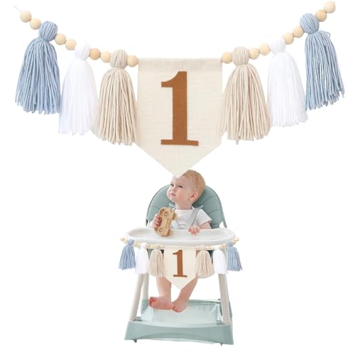 GlamRays Boho 1er Cumpleaños Banner para Trona Decoración de Fiesta para Niñas y Niños Baby Shower Decoración de Pared para Habitación Infantil (Azul Blanco)