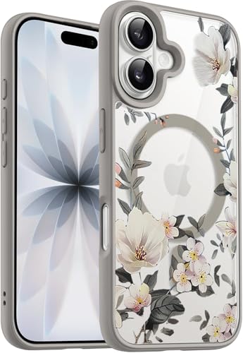 Image of VONZEE Back Cover Case Compatible with iPhone 17, Luxury Retro Flowers Floral Clear for Magnetic Wireless Charging Case Shockproof PC+TPU Cute Glossy Shiny Cover for Girls Women, 6.3'' Grey