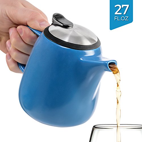 Tealyra - Daze Ceramic Teapot In Blue - 27-Ounce (2-3 Cups) - Small Stylish Ceramic Teapot With Stainless Steel Lid And Extra-Fine Infuser To Brew Loose Leaf Tea #TOP4