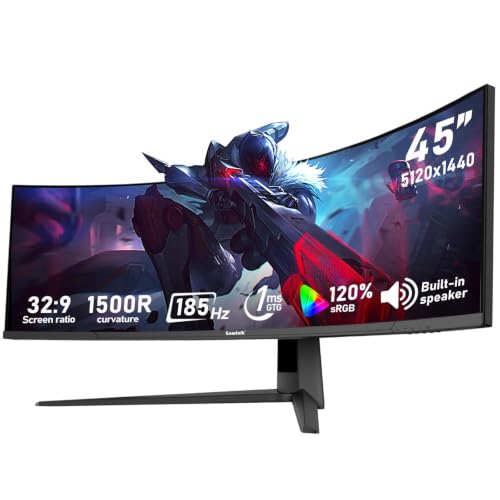 Gawfolk 45 inch Ultra-Wide Curved 1500R Gaming Computer Monitor, DQHD(5120×1440) PC Screen, 185Hz, 1MS, FreeSync, 120% sRGB, Built-in speaker, HDMI2.1 & DP1.4, Wall-mounted compatible 100*100mm -Black by Gawfolk - Used condition - CA$592.47