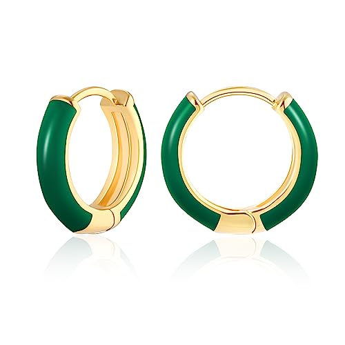 MESOVOR Pendientes de Aro de oro Pequeños para Mujeres, Aretes Huggie Livianos Plateados de oro de 18k | Regalos de Aretes Hipoalergénicos para Niñas (Verde oscuro)