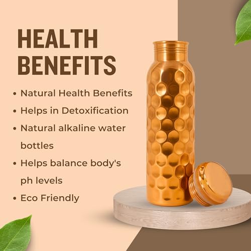 Image of Metallix Copper Water Bottle 1 Ltr | Copper Bottle for Men & Women | 100% Pure Copper | BPA Free & Leak Proof | Easy to Carry | Suitable for Yoga, School & Office (Daimond Hammered)