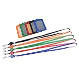 KLOUD City 5 Pcs Vertical Style Black Leather Business ID Badge Card Holder with 5 Pcs Retractable Lanyard Neck Strap Band(Style 1)