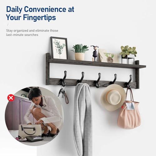 Tatub 29'' Coat Rack Wall Mount with Shelf, Wood Wall Hooks with Storage, Entryway Shelf with 5 Coat Hangers for Bathroom, Living Room, Bedroom, Ebony by Tatub - Image 4