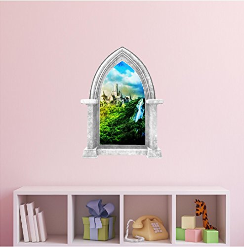 Castle Window Wall Decal - Instant 3D Window View - Fairy Tale Vinyl Stickers - Castle Scape Fairytale Castle #2 Marble 24\"