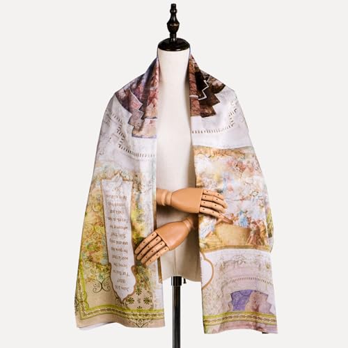 Illuminated Manuscript Scarf,boho chic pareo mandala wrap skirt cover up Faux Hualuo Silk Pareo With Medieval Calligraphy Art, Vintage Sacred Geometry Shawl Wall Tapestry 25.6"x70"2