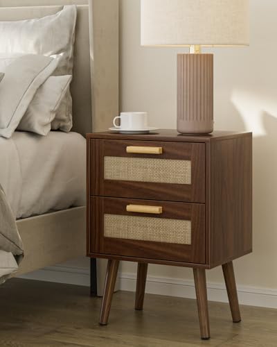 Image of Masupu Rattan Night Stand, Modern nightstand Boho Bedside Table with 2 Drawer, Small End Side Table for Bedroom, Living Room, Office, Walnut