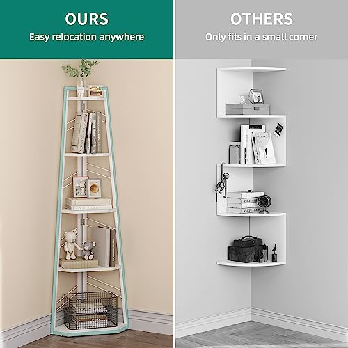 YITAHOME, Scaffale angolare a 5 ripiani, libreria angolare in stile industriale, moderna, autoportante, in legno, per soggiorno, corridoio, casa e ufficio, colore bianco puro - Immagine 3
