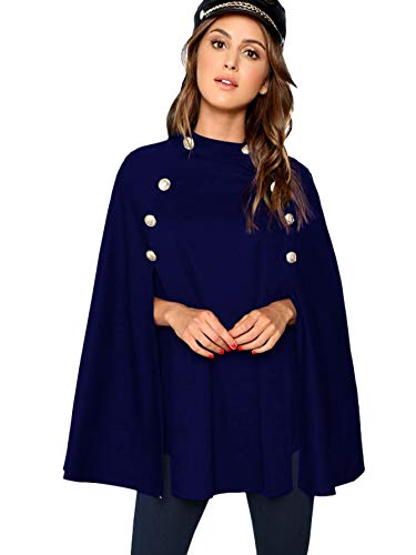MAKEMECHIC Women's Button Front Cloak Sleeve Elegant Cape Mock Poncho Classy Plaid Print Cape Coat Navy M