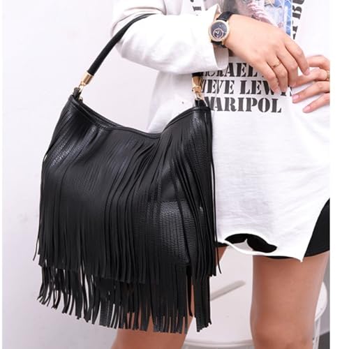 Image of IAMUHI Casual Rivets Fringed Shoulder Handbag for Women,Soft Vegan Leather Hippie Crossbody Purse Bag Hobo Bag