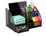 Osco Small Wiremesh Desk Organiser, Metal Mesh Pen Pot Desk Tidy with 6 Compartments & Single Drawer, Desktop Stationery Storage for Office & Home, Black