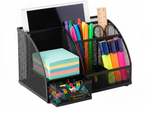 Osco Small Wiremesh Desk Organiser Metal Mesh Pen Pot Desk Tidy with 6 Compartments & Single Drawer Desktop Stationery Storage for Office & Home Black