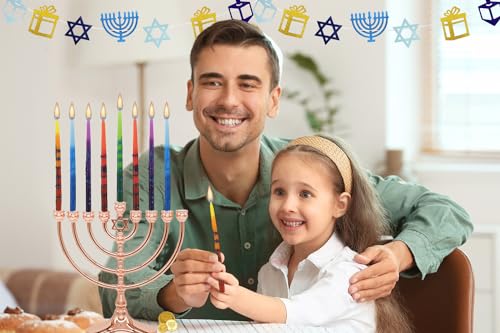 The Dreidel Company Dripless Hanukkah Candles, Multicolored Striped Deluxe Tapered Decorations, 1-Hour Burn Time 45 Menorah Candles for All 8 Nights of Chanukah