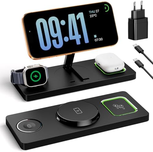 Eddibox 3 in 1 MagSafe Induktive Ladestation für iPhone, Watch & AirPods | Faltbar MagSafe Ladegerät mit LED, Wireless Charger für iPhone 17/16/15/14/13/12, Apple Watch & AirPods
