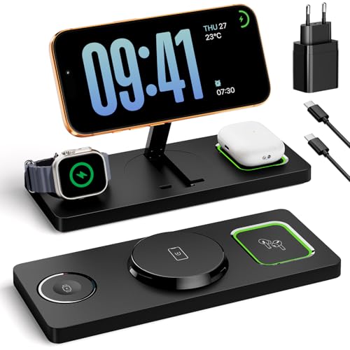 Eddibox 3 in 1 MagSafe Ladestation iPhone Apple Watch, Faltbar Induktive Ladestation Kompatibel mit MagSafe Ladegerät für iPhone 17/16/15/14/13/12, Apple Watch & AirPods (inkl. 20W Adapter) - Schwarz