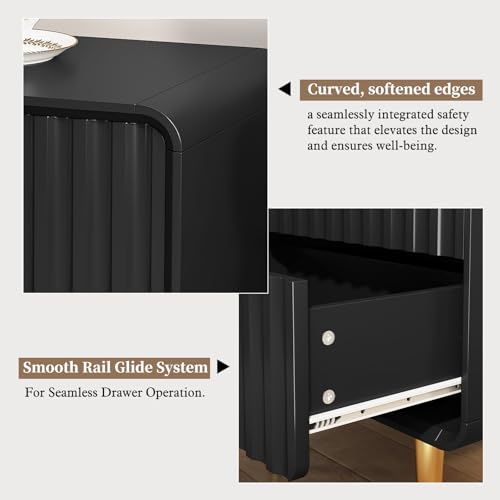 Image of HLR Night Stand Set of 2, Fluted Modern Bedside Table with 2 Drawers, Black