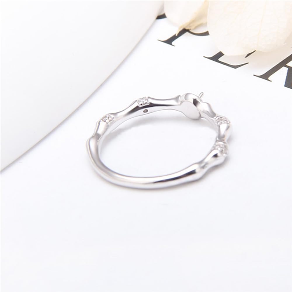 925 Sterling Silver Bamboo Joint CZ Design Rings for Pearl Jewelry Making, Design Pearl Ring Fittings/Settings/Mountings for Women