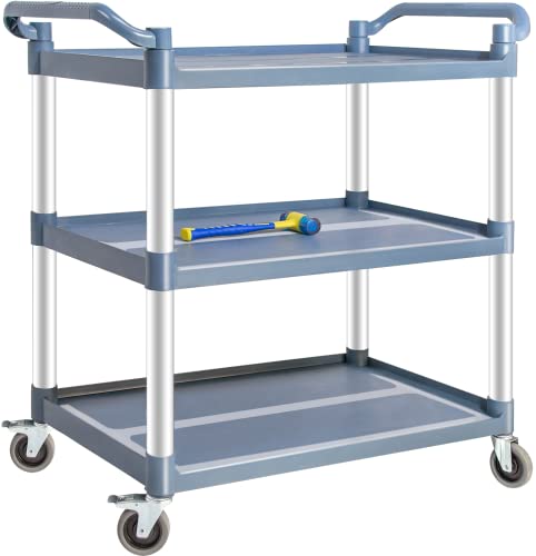 Brljuneo Plastic Utility Carts With Wheels, 3-Tier Medium Size Restaurant Food Cart, Heavy Duty 510Lbs Capacity Rolling Service Cart W/Hammer For Commercial, Kitchen, Office (Lockable Wheels, M-Grey) #TOP1