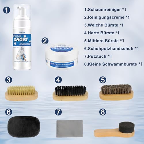 SANYHOM Sneaker Cleaner Set 8 in 1, Sneaker Reinigungsset für Sneaker und Schuhe, Premium Sneaker Reiniger Schuhreiniger-Set mit Bürste Schuhe Reinigungscreme und Handtuch für weiße Schuhe, Turnschuhe