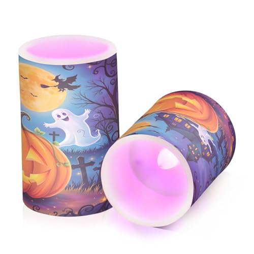 Image of Flickering Flameless Candles, Halloween Pumpkin Ghost Witch LED Candles with Remote Timer, Set of 2 Battery Operated Candle for Valentine Wedding Birthday
