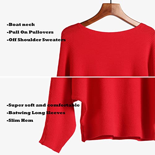 Image of Blostirno Women's Boat Neck Batwing Sleeves Dolman Ribbed Knitted Sweaters Pullovers Tops
