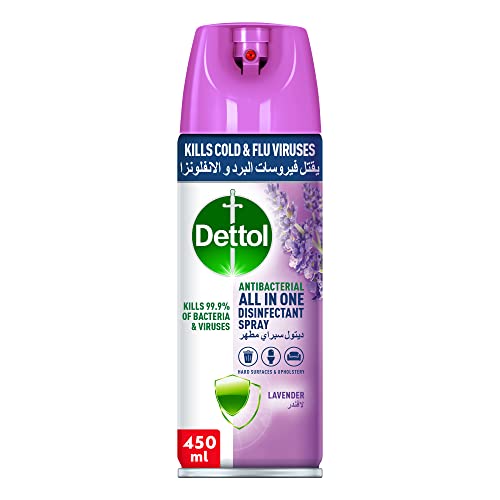 Dettol Antibacterial All in One Disinfectant Spray Effective Germ Protection & Personal Hygiene Kills 99.9% of Bacteria & Viruses Lavender Fragrance 450ml