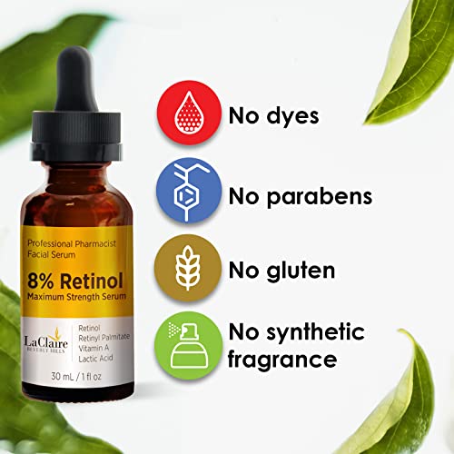 8% Retinol Complex Face Serum – Anti-Aging, Brightening Neck & Facial Serum Helps Firm, Smooth, & Nourish Skin With Lactic Acid, Vitamin A, & Retinyl Palmitate – Anti Wrinkle Serums By Laclaire, 30 Ml #TOP3