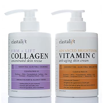 Elastalift Creme corporal de colágeno + loção clareadora de vitamina C, conjunto de cuidados com a pele, hidratante facial e corporal antienvelhecimento, cremes de resgate de pele seca para manchas de