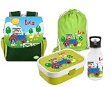 Mein Zwergenland | Personalisertes Kindergartenrucksack-Set | Kinderrucksack, Lunchbox Maxi, Turnbeutel aus Baumwolle, Trinkflasche Happy Knirps Next Print mit Name | Grün | Traktor
