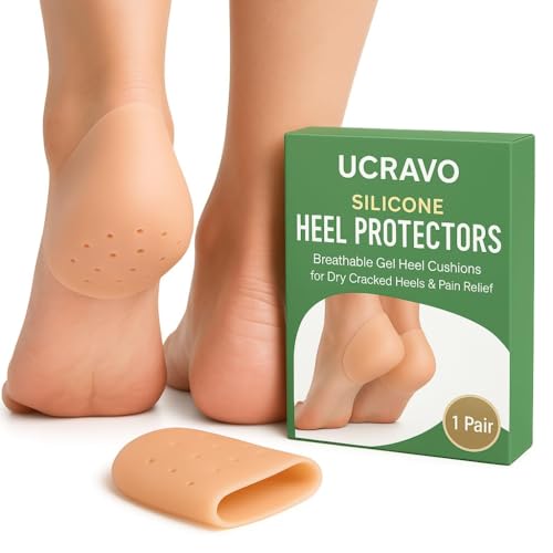 Image of UCRAVO Silicone Heel Protectors for Cracked Heels, Pain Relief & Foot Care -1 Pair Moisturizing Gel Heel Sleeves for Men & Women - Reusable Breathable Silicone Socks for Plantar Fasciitis & Dry Heels
