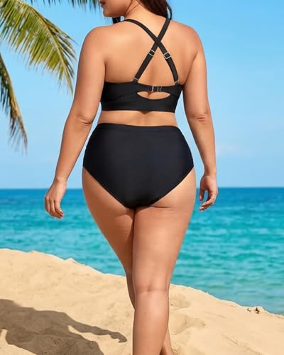 Daci Women Black Plus Size Two Piece Swimsuit - High Waisted Bikini Tummy Control Bathing Suit Bandeau Swimwear XXL