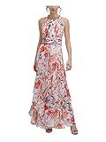 Calvin Klein Women's Sleeveless Halter Neck Keyhole Gown with Tiered Skirt, Sunset Multi, 6
