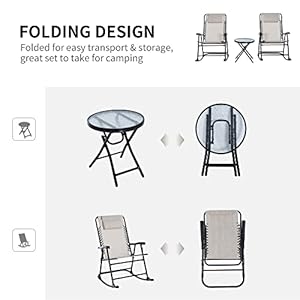 Outsunny 3 Piece Outdoor Rocking Chair Set Patio Folding Lawn Rocker Set with Glass Coffee Table Headrests for Yard Patio Deck Backyard Cream White