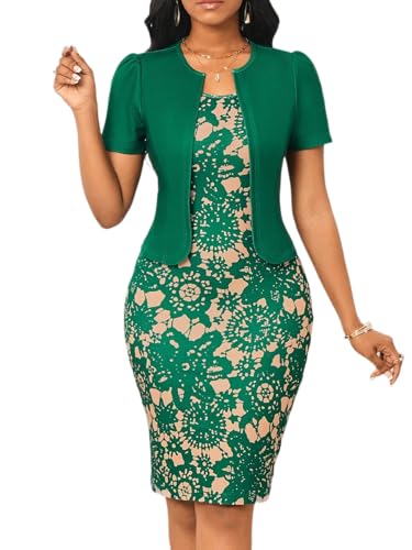 Womens Sexy Fall Two Piece Suiting Dresses Short Sleeves Crew Neck Floral Print Pencil Elegant Bodycon Midi Sheath Dress Interview Outfits Green Large