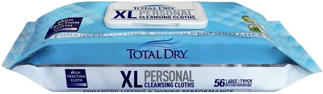 TotalDry Personal Cleansing Cloths - Extra Large Premium Wet Aloe Vera & Chamomile Cleaning Wipes for Adults - Larger, Stronger, High Absorbentcy - Locking Lid Package (56 Disposable Wash Cloths)