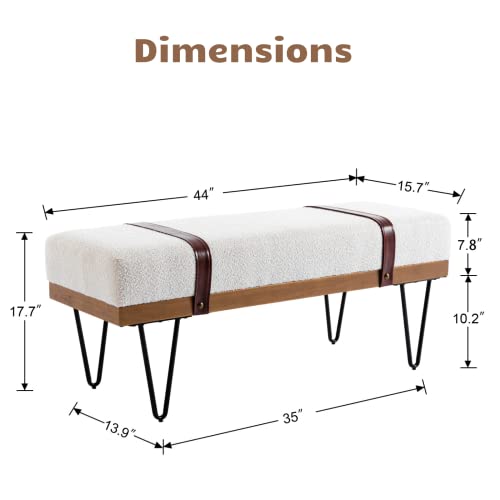 Heah-Yo Modern Indoor Bench, 18” Seat Height Entryway Bench With Pu Leather Strap And Metal Legs, Fur Footstool And Ottoman For Living Room Bedroom, White #TOP2