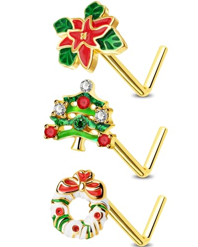 OUFER Body Piercing 3pcs L Shaped Nose Stud 20G Nose Piercing Jewellery Christmas Day Nose Pin Bone 316L Stainless Steel Nostril Piercing Nose Bar