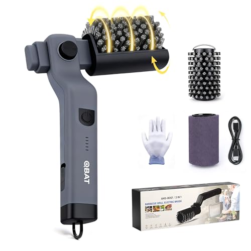 Elektrische Grillbürste Akkubetrieben – 180° Verstellbarer Kopf, 3-Stufen-Motor, 90 Min Laufzeit, Wasserdicht, Edelstahl & Nylon Bürstenköpfe für Grillrost, Smoker, Grillplatte (Grau)
