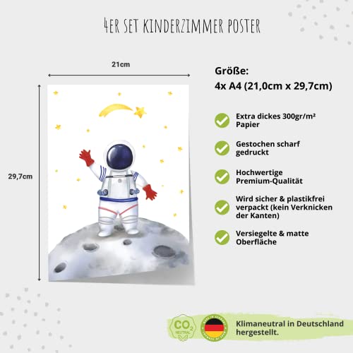 MeinBaby123® Plakat do pokoju dziecięcego, astronauta | zestaw 4 plakatów DIN A4 | kosmos rakiety planety | dekoracja do pokoju dziecięcego dla dziewczynek i chłopców | plakat ścienny premium (Astronauta V4)