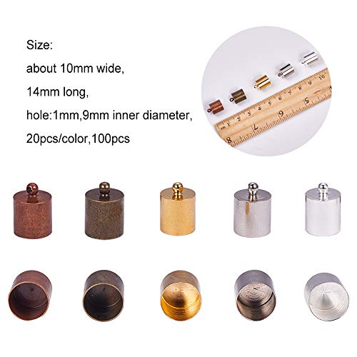 Ph Pandahall 100Pcs 5 Color Brass Cord Ends Leather Tassel Cap Cord Link Buckle Glue-In End Cap For Kumihimo Barrel And Jewelry Making, 9Mm #TOP1