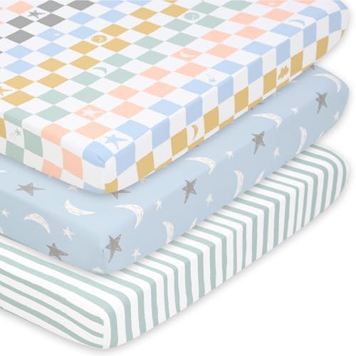 Image of The Peanutshell 3 Pack and Play Mattress Sheets, Celestial Mini Crib Sheets Fitted, Pack N Play Sheets for Graco, Dream on Me, Playpen Mattress Pad, Playard Baby Crib Sheets, Gender Neutral, Boy, Girl
