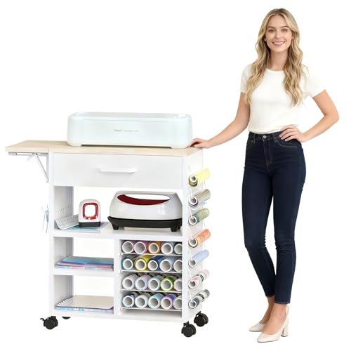 RJOKMT Foldable Rolling Craft Cart with Storage Drawers & Wheels - Heavy Duty Mobile Craft Organizer for Cricut Machines Cart, Scrapbooking Supplies, Art Studio | Adjustable Shelves
