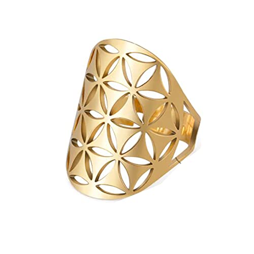 24 JOYAS Anillo Flor Vikinga dorada en acero inoxidable. Alianza geométrica y ajustable para mujer Cover