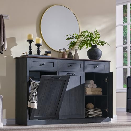 Image of IFBUY Triple Tilt Out Laundry Hamper Cabinet, Trash Cabinet, Dark Grey