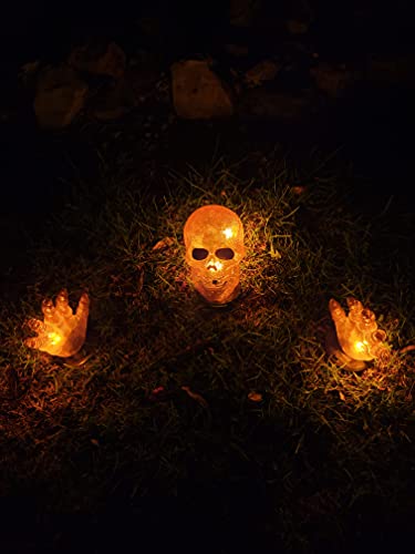 The Fantasia Collection Light up Skull and Skeletal Hands Ground Breaker Decoration Indoor/Outdoor (Orange Light)